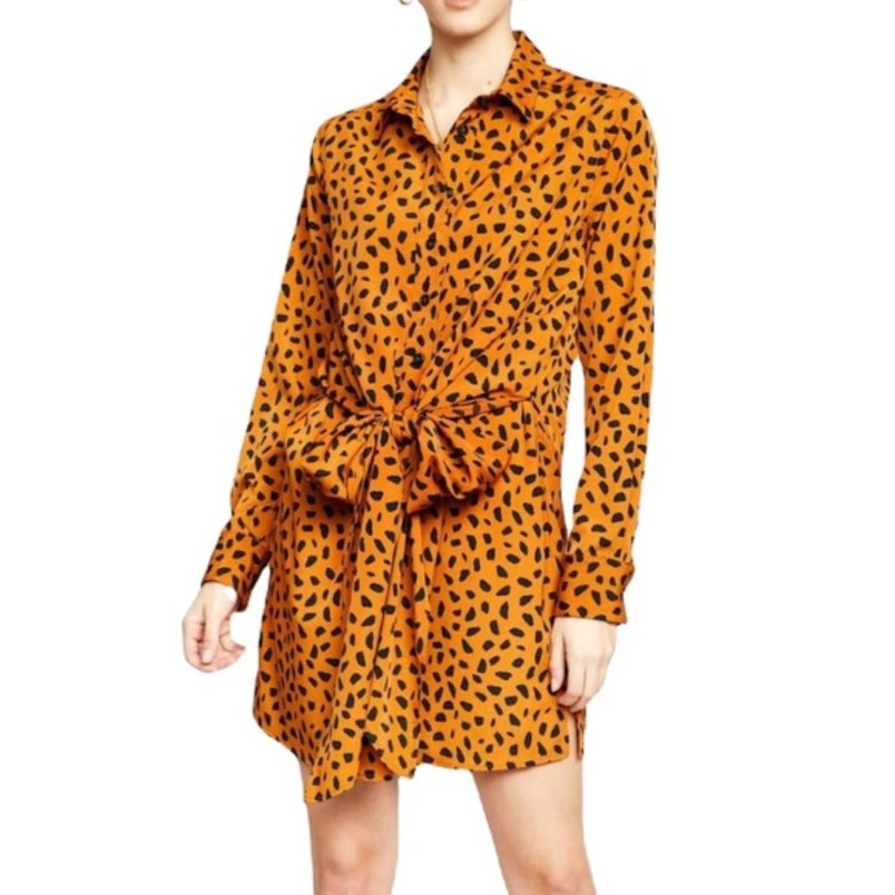 New The Good Jane Animal Print Tie Front Button Down Long Sleeve Mini Shirtdress